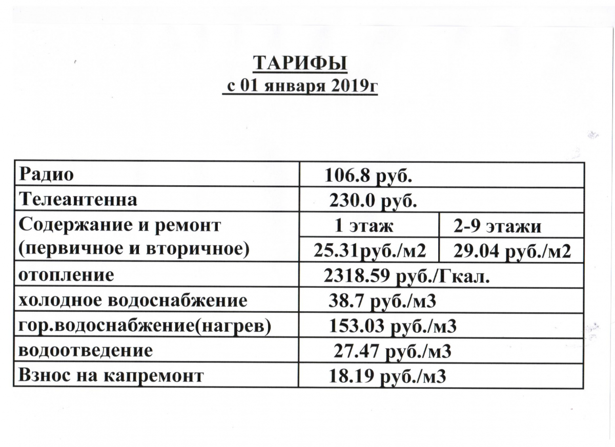 Новые тарифы 2019 года